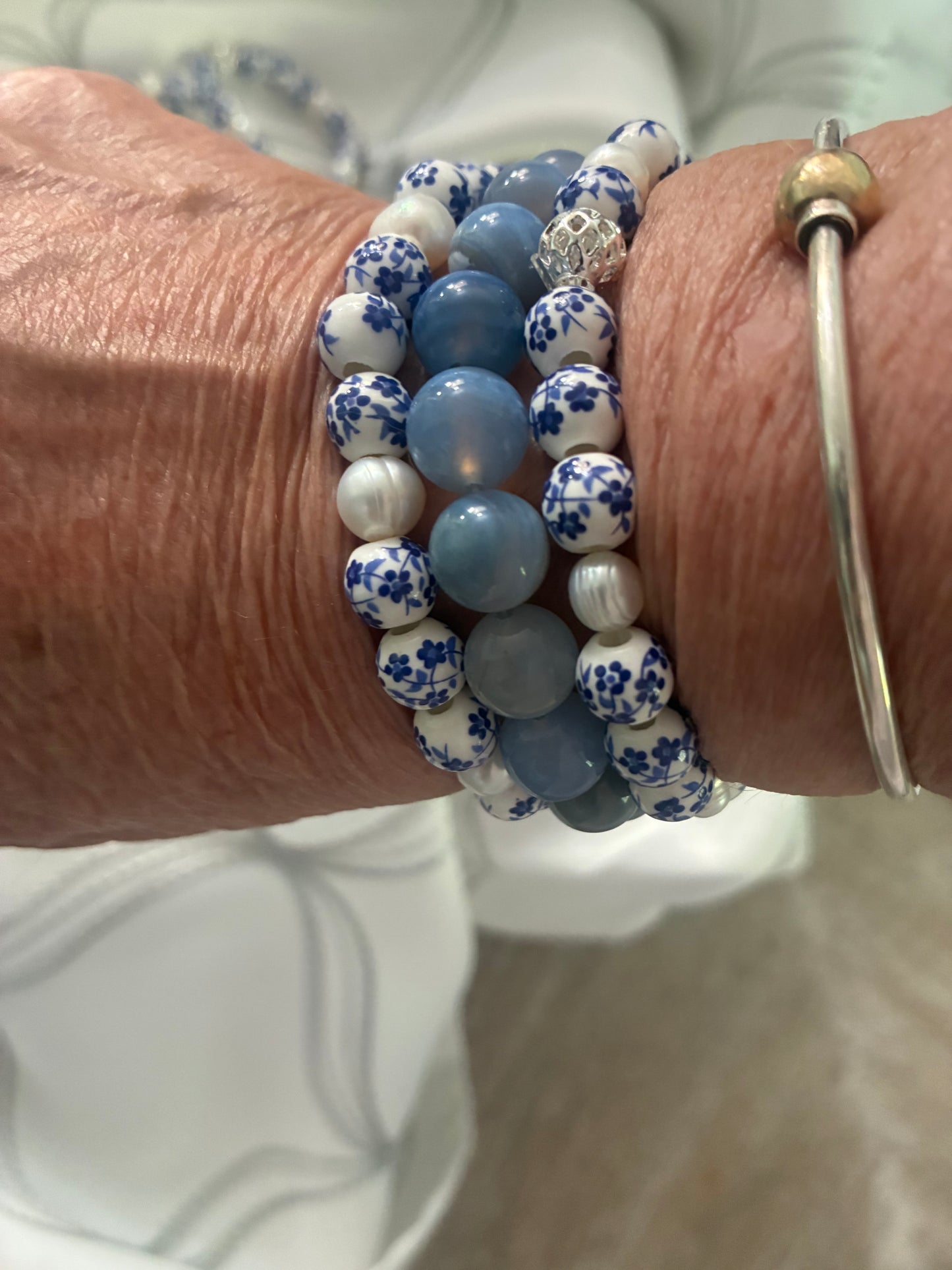 Chinese Porcelain Beads & Freshwater Pearl Bracelet