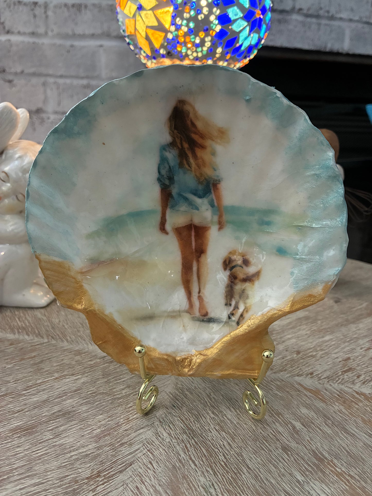 Large Scallop Shell colorful image of Girl walking on the Beach with her dog