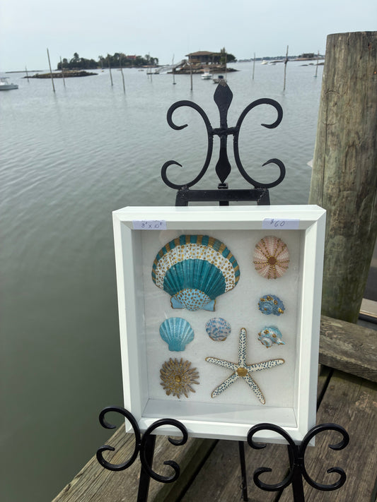 BLUE AND PINK HAND PAINTED SHELLS SHADOW BOX 8 X 10"