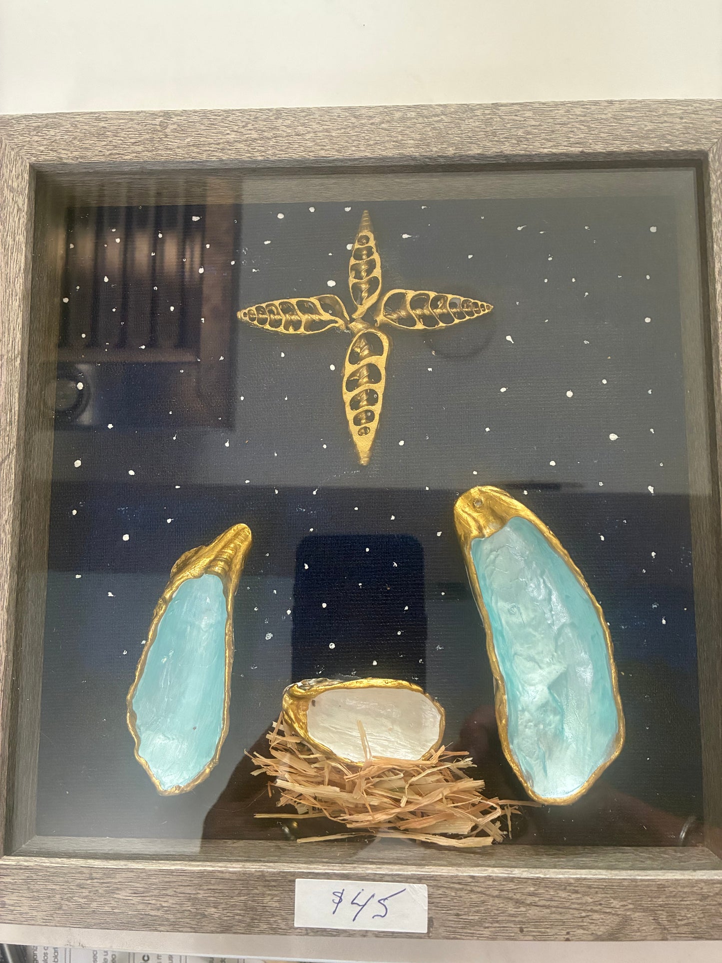 NATIVITY SET HAND PAINTED SHELLS SHADOW BOX 9 x 9"