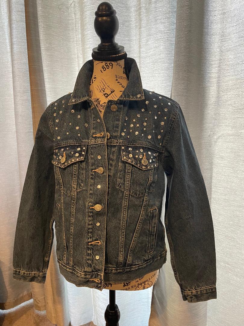 Denim Jacket Pearl and Rhinestone with lettering Bride or Wifey