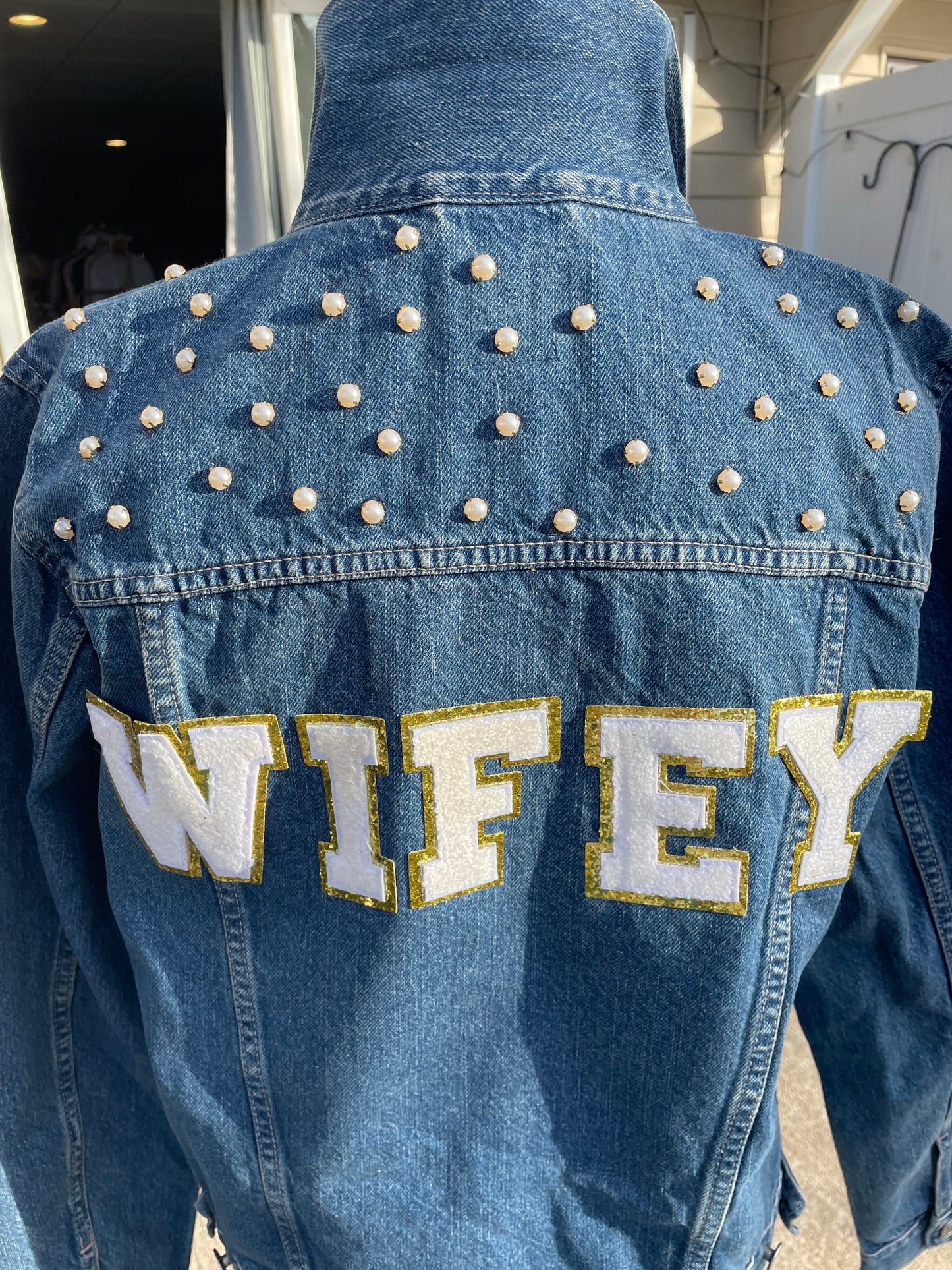 Denim Jacket Pearl and Rhinestone with lettering Bride or Wifey