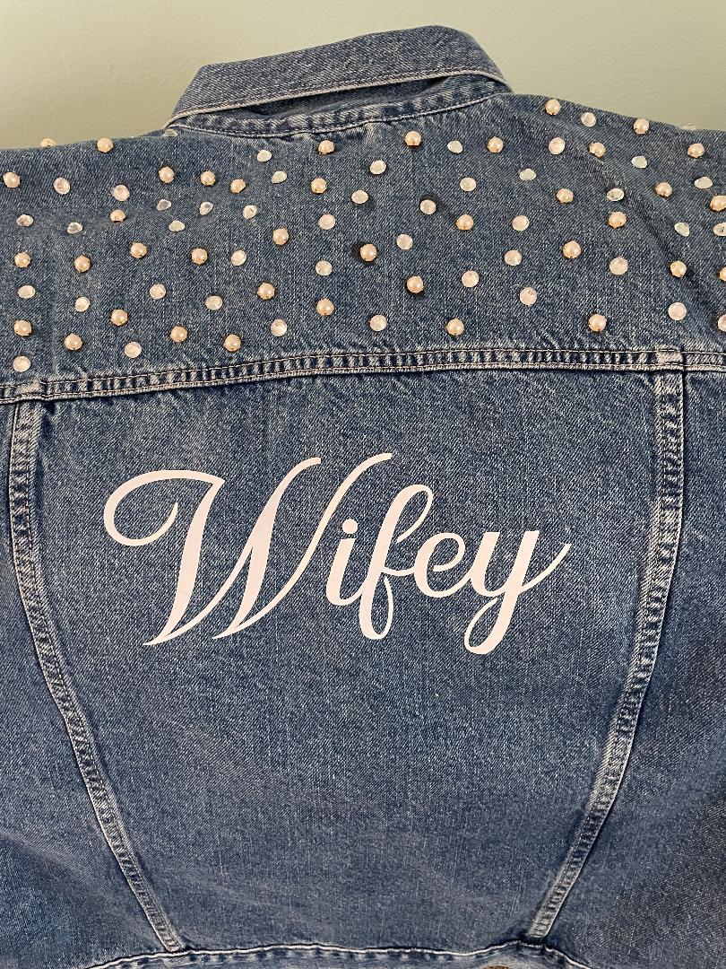 Denim Jacket Pearl and Rhinestone with lettering Bride or Wifey