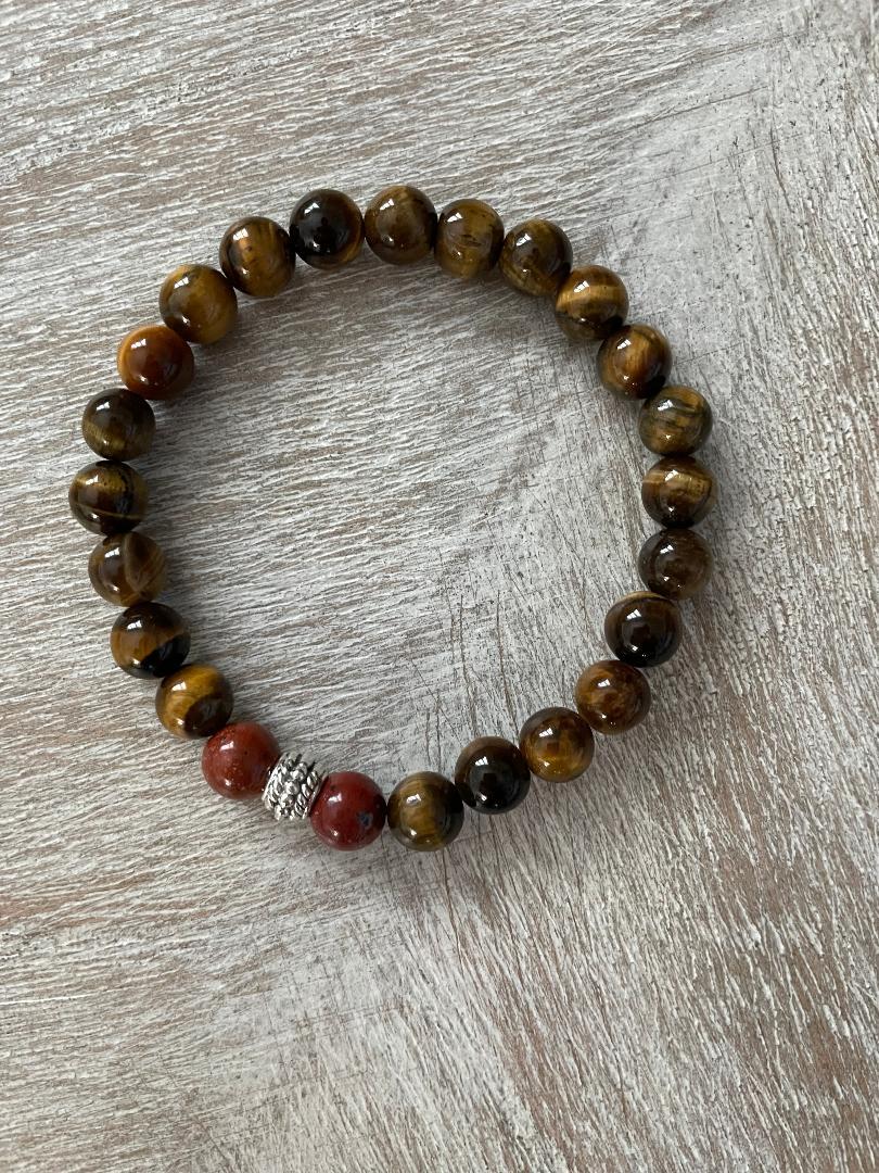 Unisex Tiger Eye Gemstone Bracelet w/Red Jasper