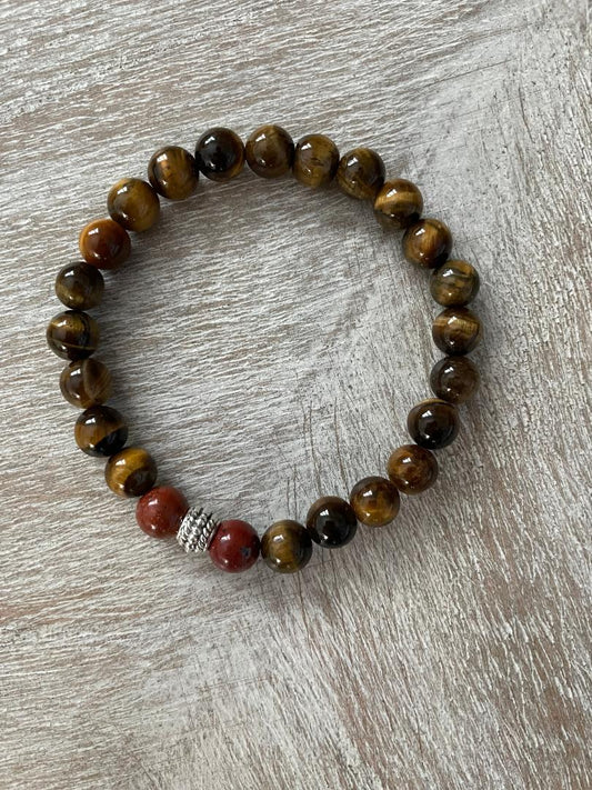 Unisex Tiger Eye Gemstone Bracelet w/Red Jasper
