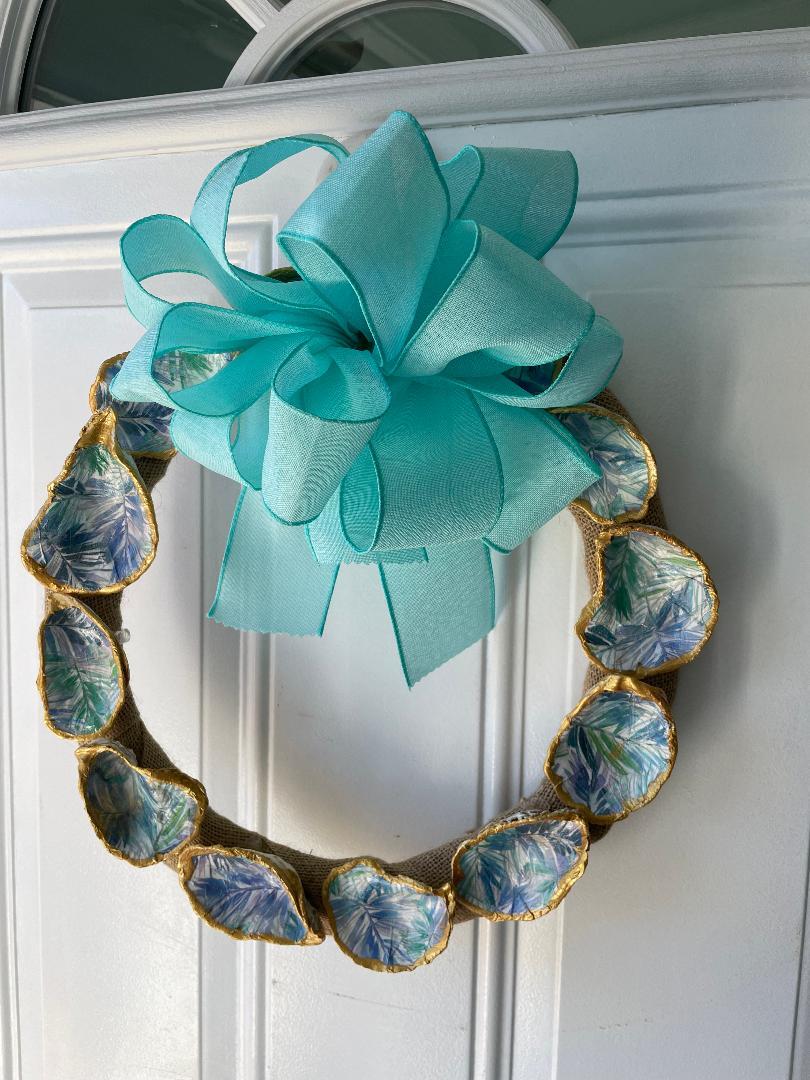 Blue & Green Palm Leaves Decoupage Shell Craft Wreath