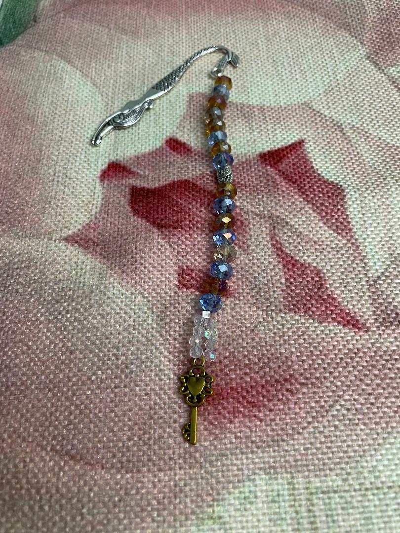 Silver Mermaid Bookmark gold and blue beads