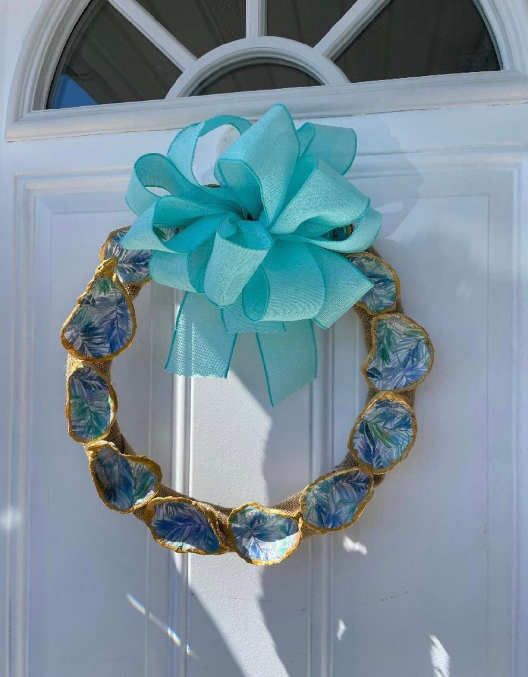 Blue & Green Palm Leaves Decoupage Shell Craft Wreath
