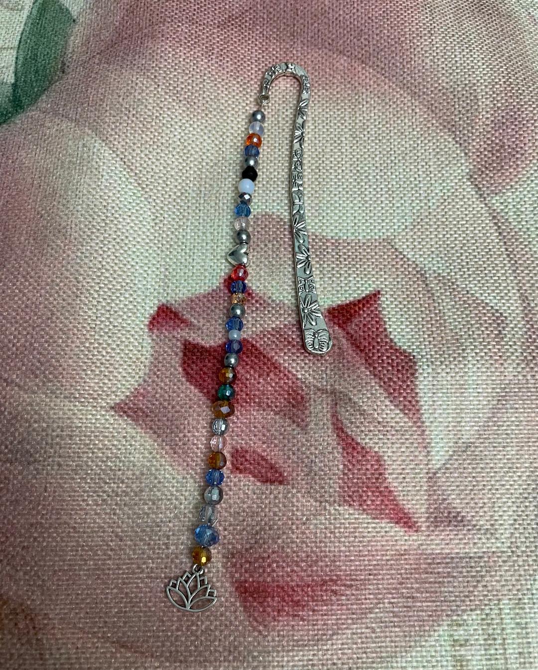 Silver Bookmark with Multicolor Beads Lotus Flower