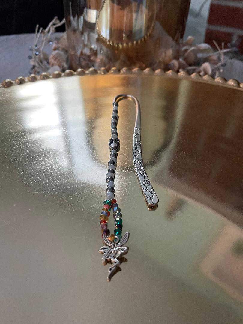 Silver Bookmark with silver and gray beads
