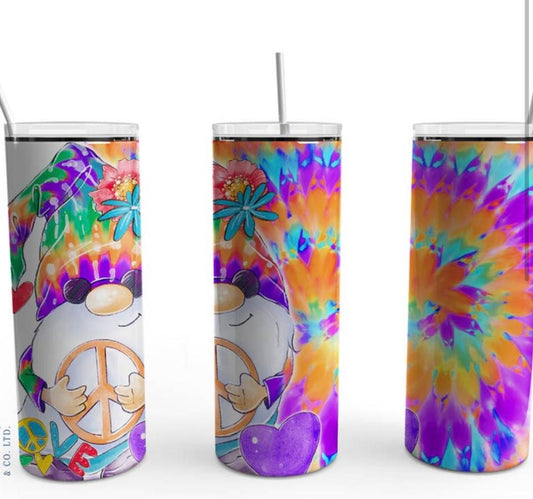 Stainless Steel Skinny Tumbler Gnome Peace Tie Dye