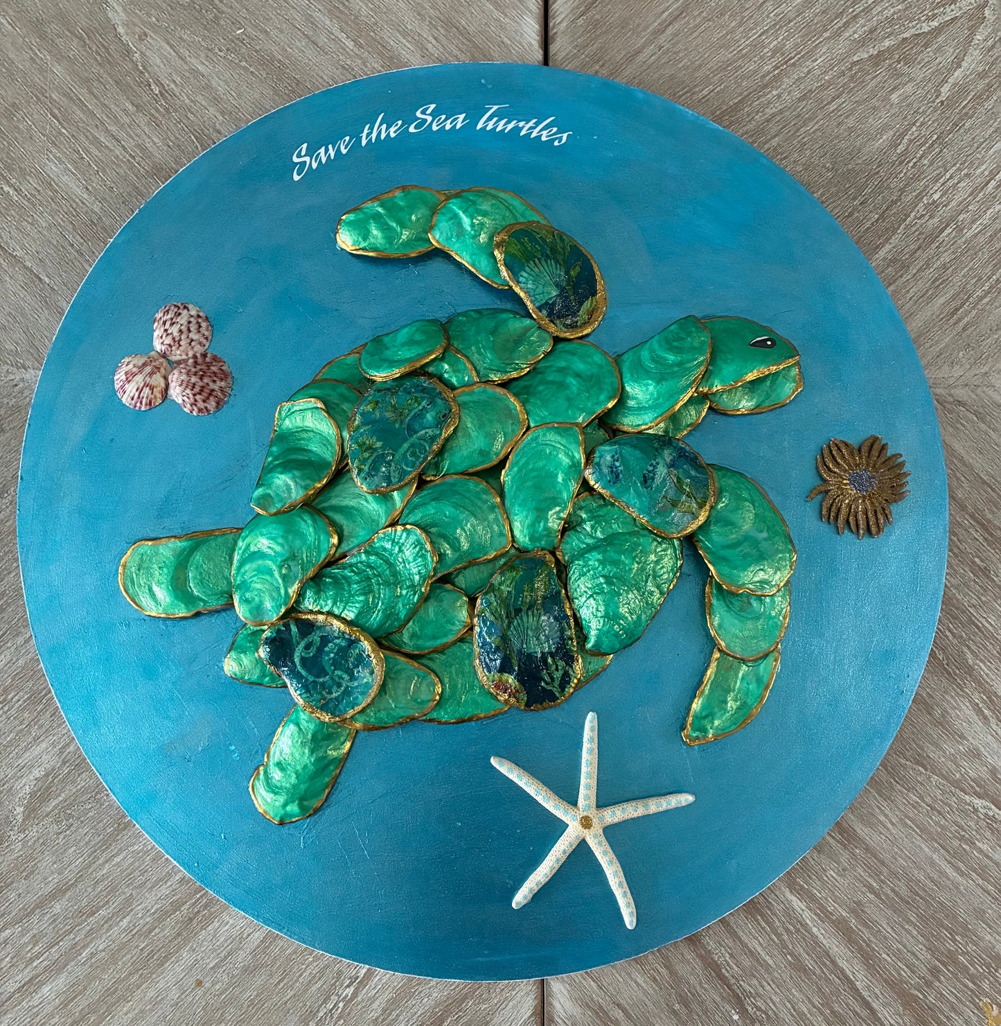 Turtle Oyster Shell Artwork - Message Save the Sea Turtles