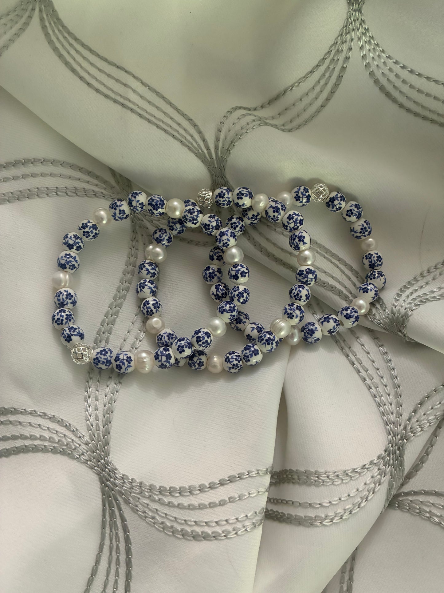 Chinese Porcelain Beads & Freshwater Pearl Bracelet
