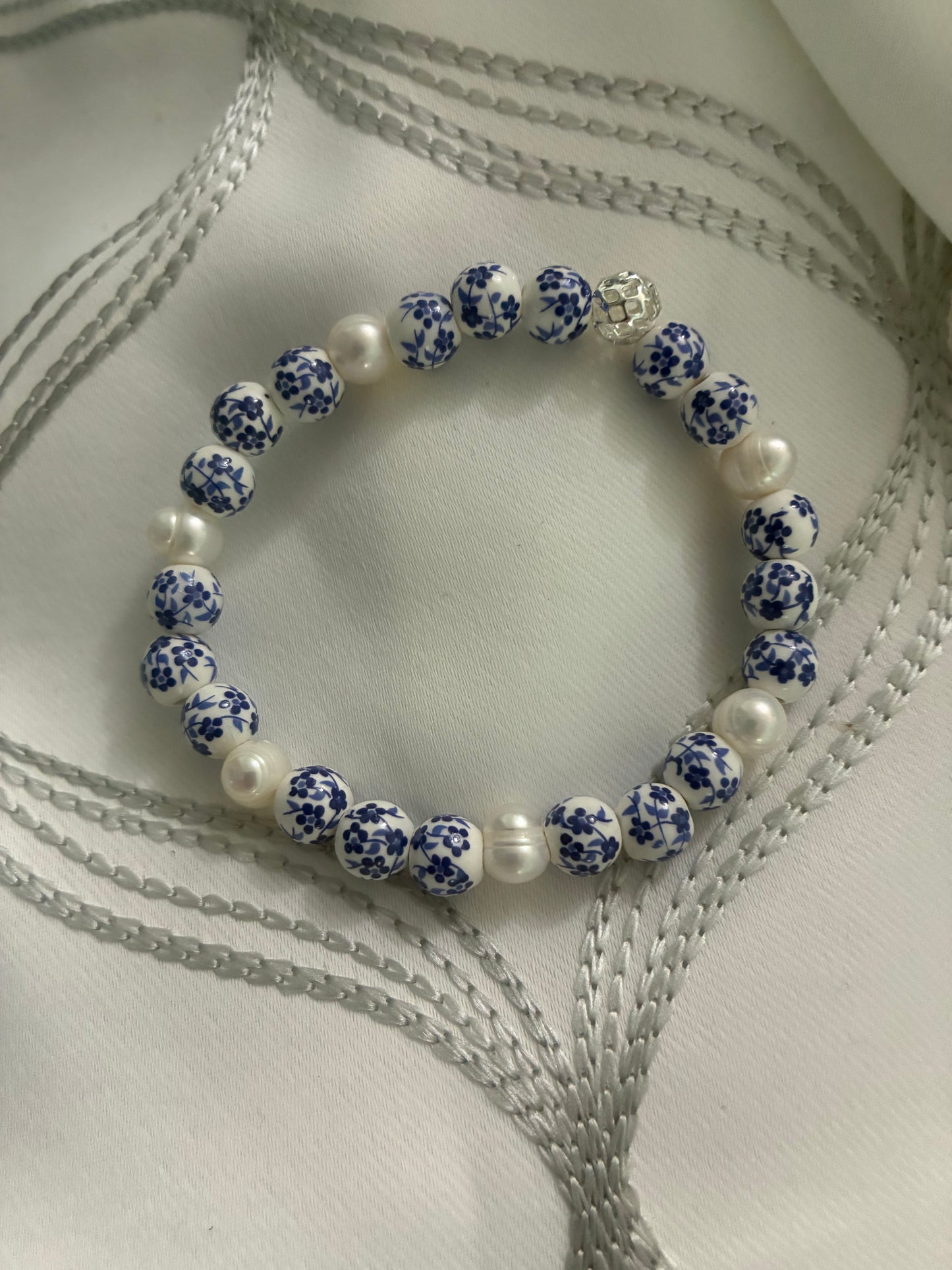 Chinese Porcelain Beads & Freshwater Pearl Bracelet