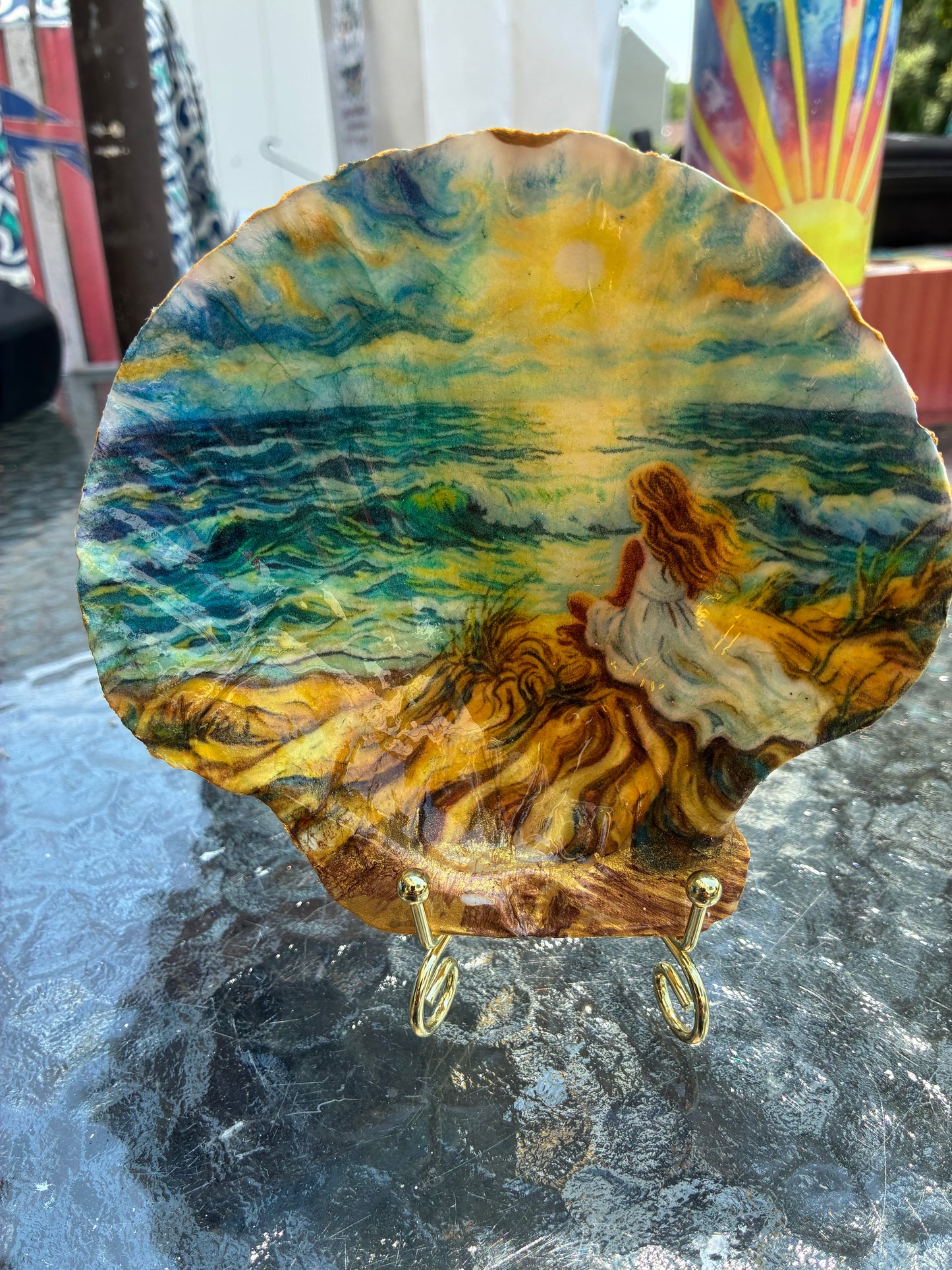 Large Scallop Shell colorful image of Girl watching the golden sunset