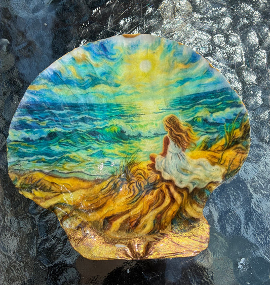 Large Scallop Shell colorful image of Girl watching the golden sunset