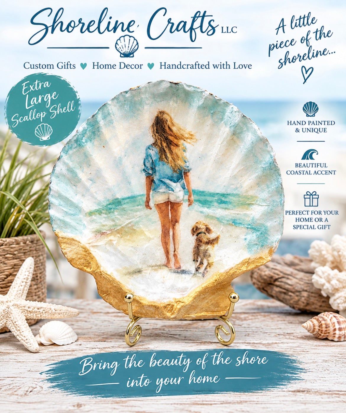 Large Scallop Shell colorful image of Girl walking on the Beach with her dog