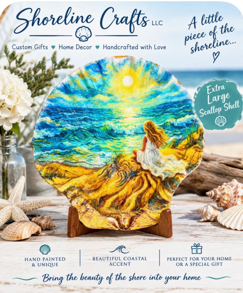 Large Scallop Shell colorful image of Girl watching the golden sunset