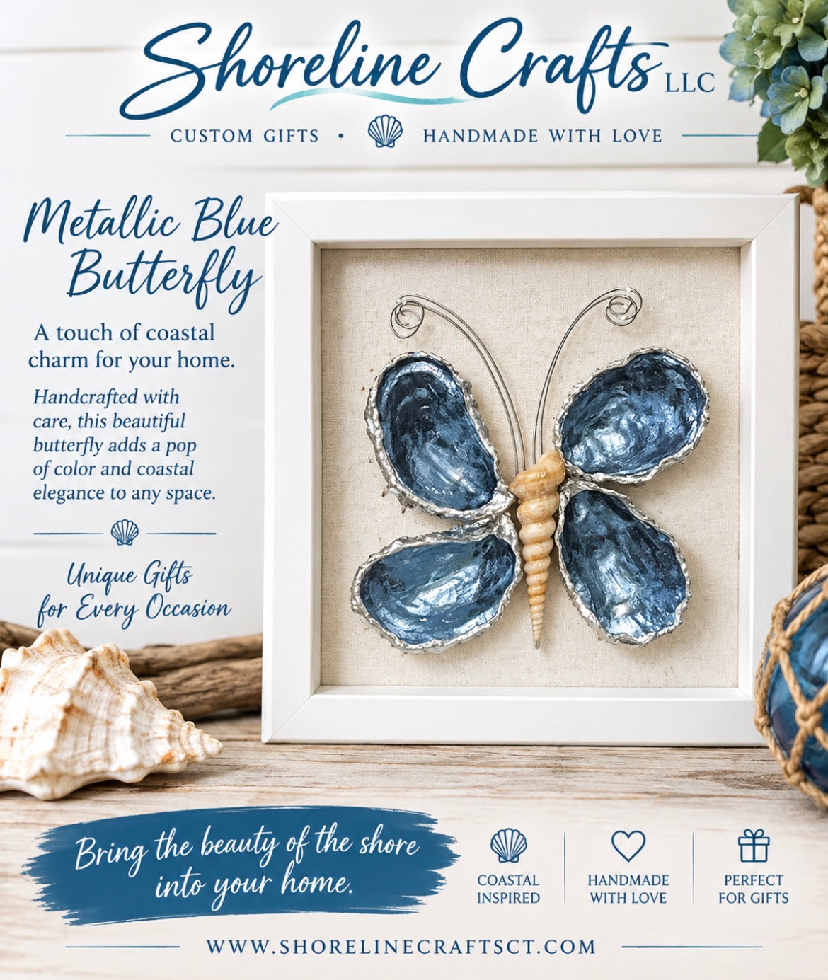 METALLIC  BLUE  BUTTERFLY SHELLS SHADOW BOX