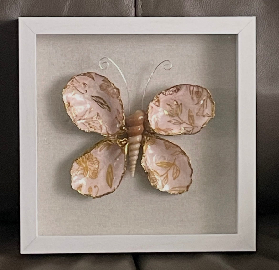 PINK AND GOLD BUTTERFLY OYSTER SHELLS SHADOW BOX