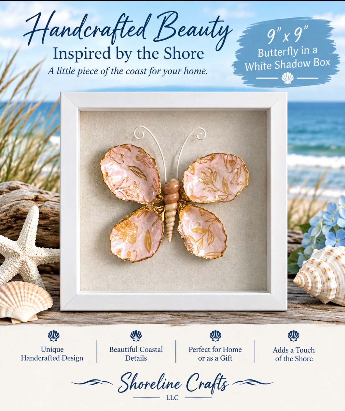 PINK AND GOLD BUTTERFLY OYSTER SHELLS SHADOW BOX