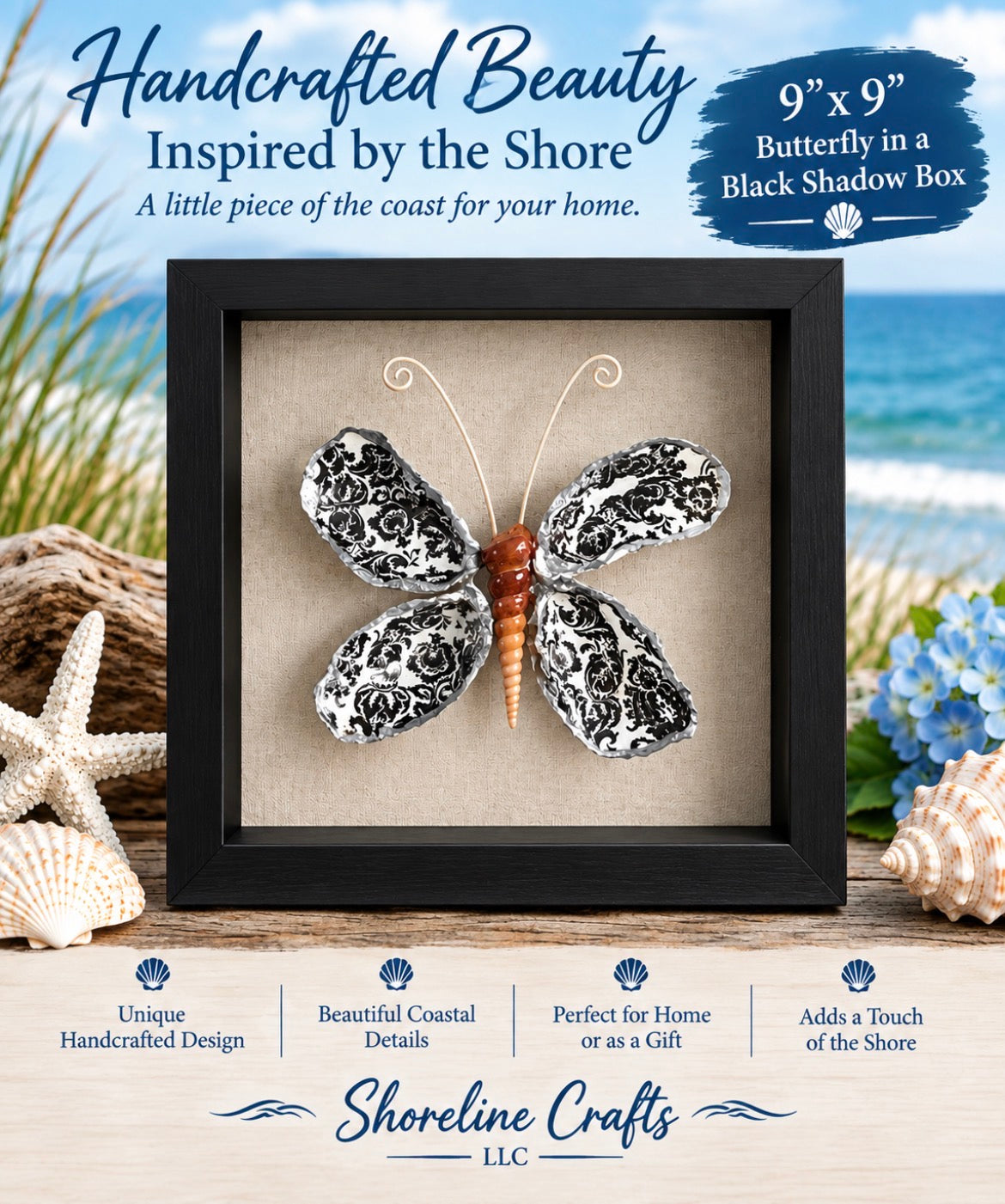 BLACK & WHITE  BUTTERFLY OYSTER SHELLS SHADOW BOX