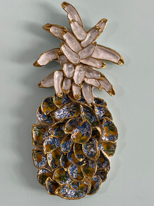 Blue, White and Lemons Oyster Shell Large PINEAPPLE Artwork