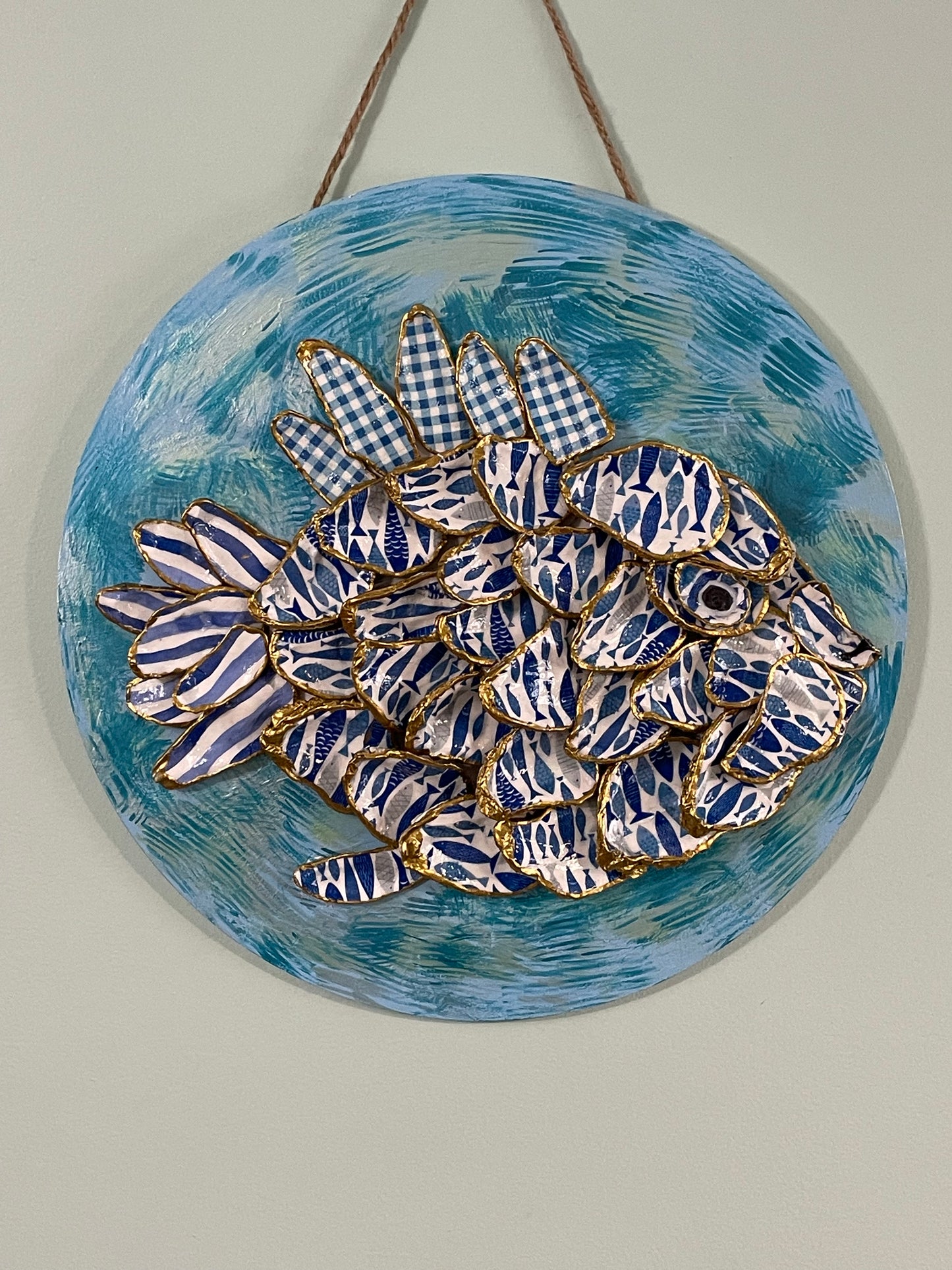 Blue and White Fish Oyster Shell Artwork