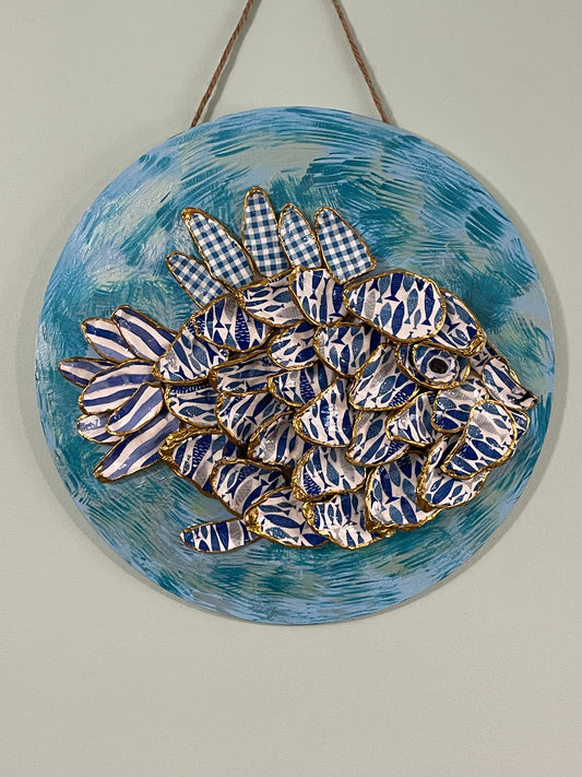 Blue and White Fish Oyster Shell Artwork
