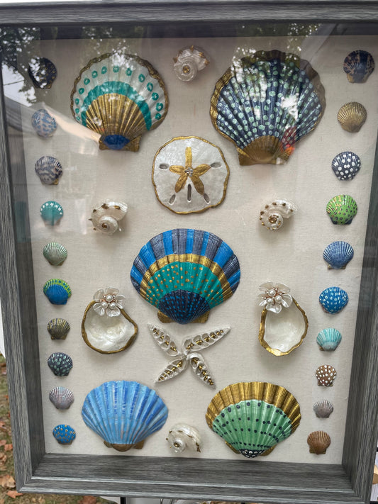 COASTAL BREEZE HAND PAINTED SHELLS SHADOW BOX