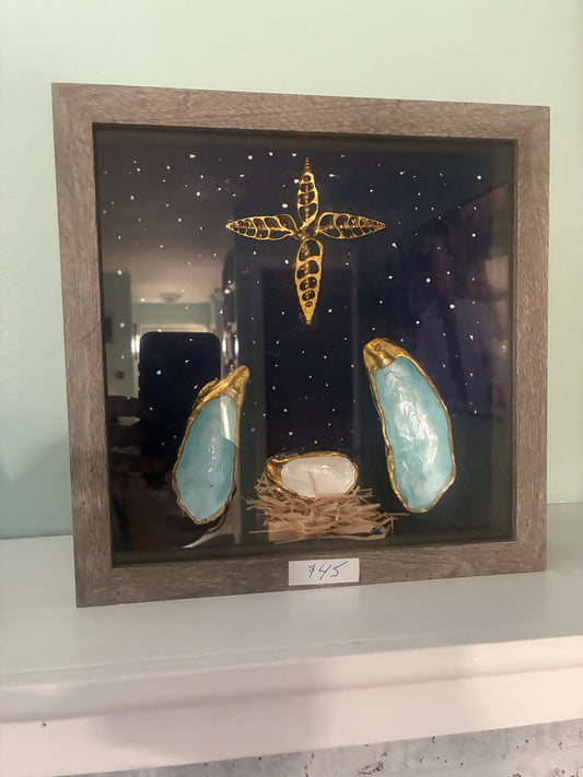 NATIVITY SET HAND PAINTED SHELLS SHADOW BOX 9 x 9"