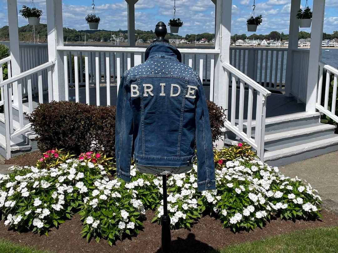 Denim Jacket Pearl and Rhinestone with lettering Bride or Wifey