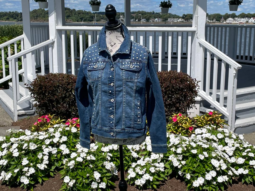 Denim Jacket Pearl and Rhinestone with lettering Bride or Wifey