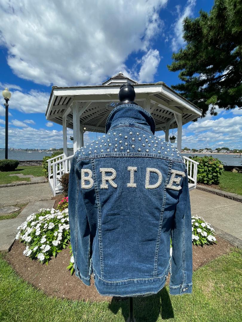 Denim Jacket Pearl and Rhinestone with lettering Bride or Wifey