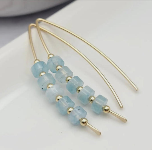 Blue Aquamarine and Gold Threader Earrings