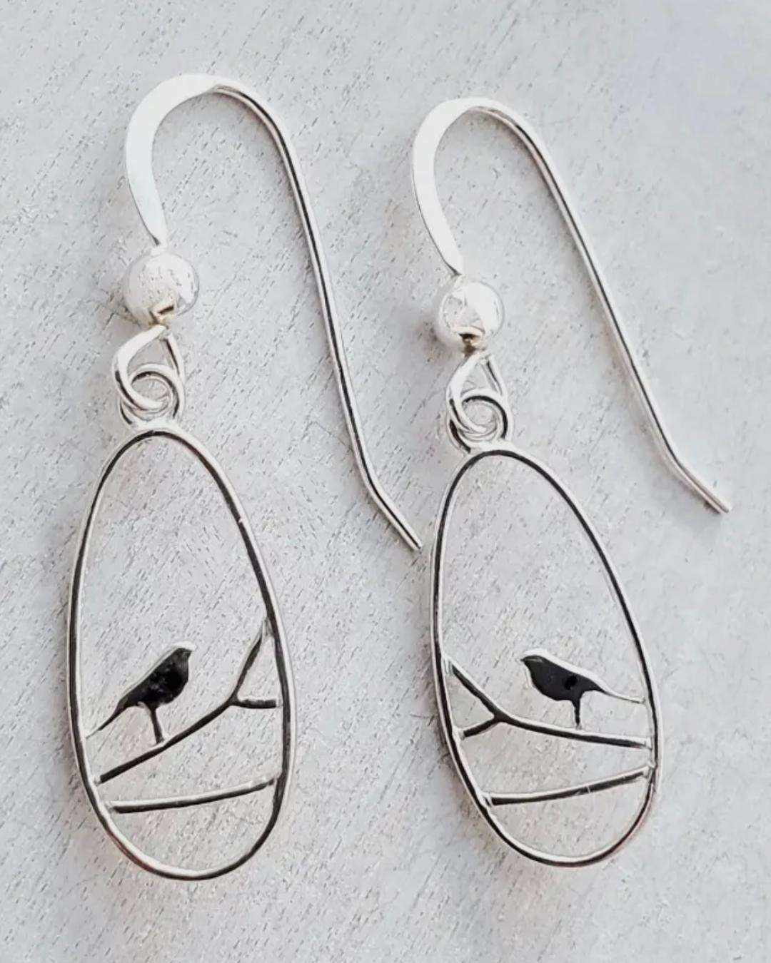 Silver Teardrop Robin Bird Earrings