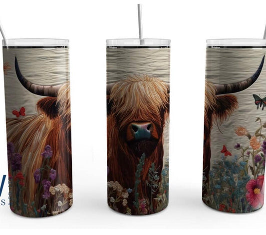 Stainless Steel Skinny Tumbler Embroidery Highland Cow