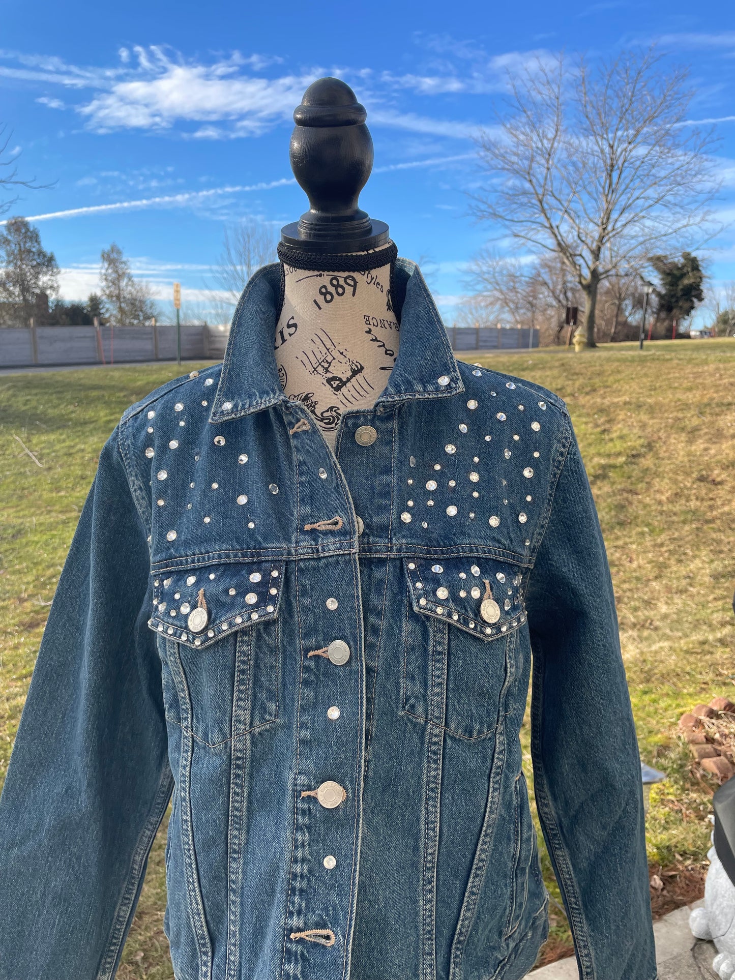 Denim Jacket Pearl and Rhinestone with lettering Bride or Wifey