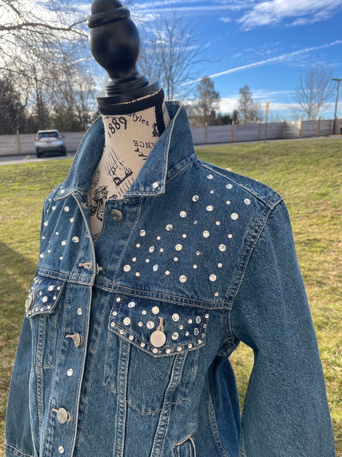 Denim Jacket Pearl and Rhinestone with lettering Bride or Wifey