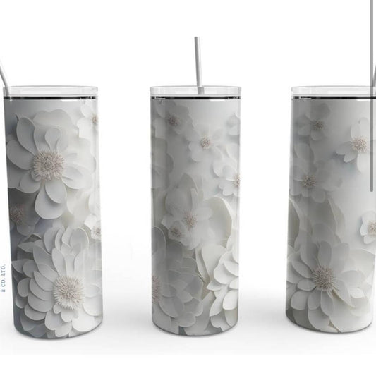 Stainless Steel Skinny Tumbler White 3D Flowers