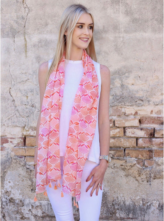 Metz Printed Scarf With Tassels Coral