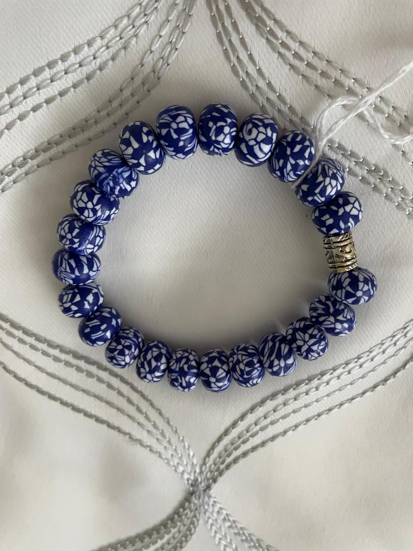 Blue and White Clay Beaded Bracelet