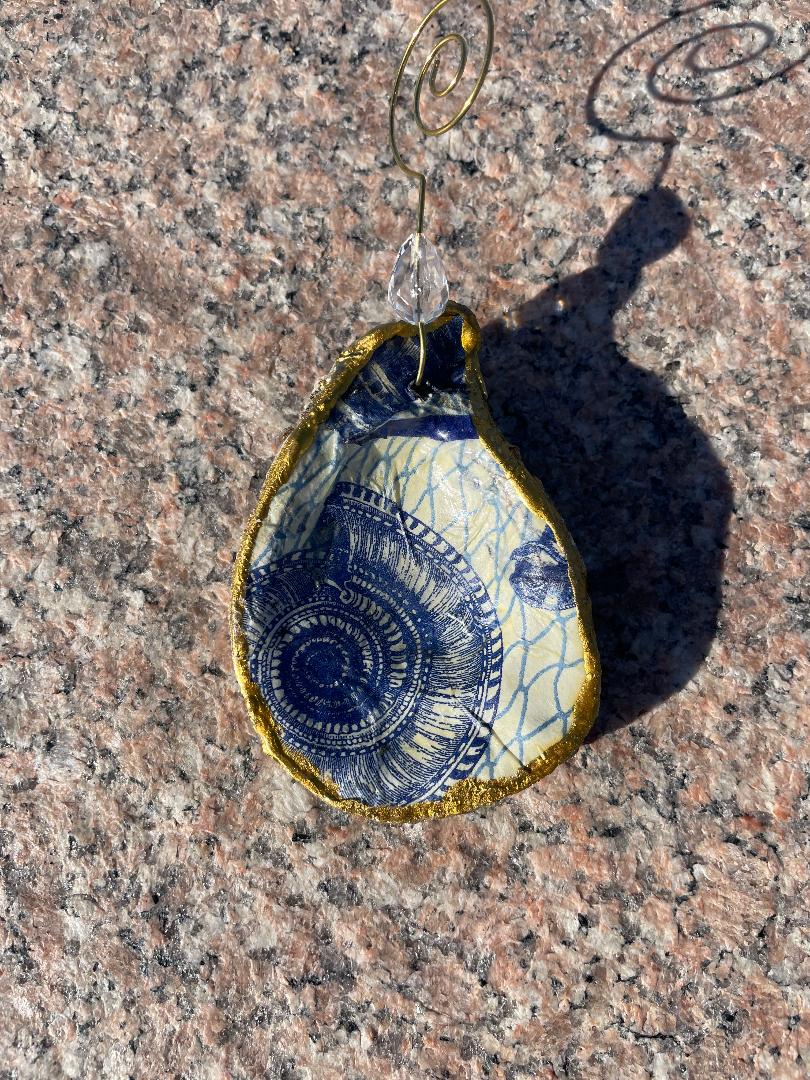 Blue and White  Oyster Shell Ornament