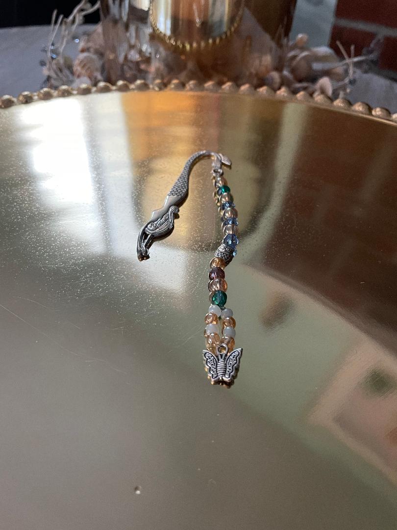 Silver Bookmark with Gold & Green Beads