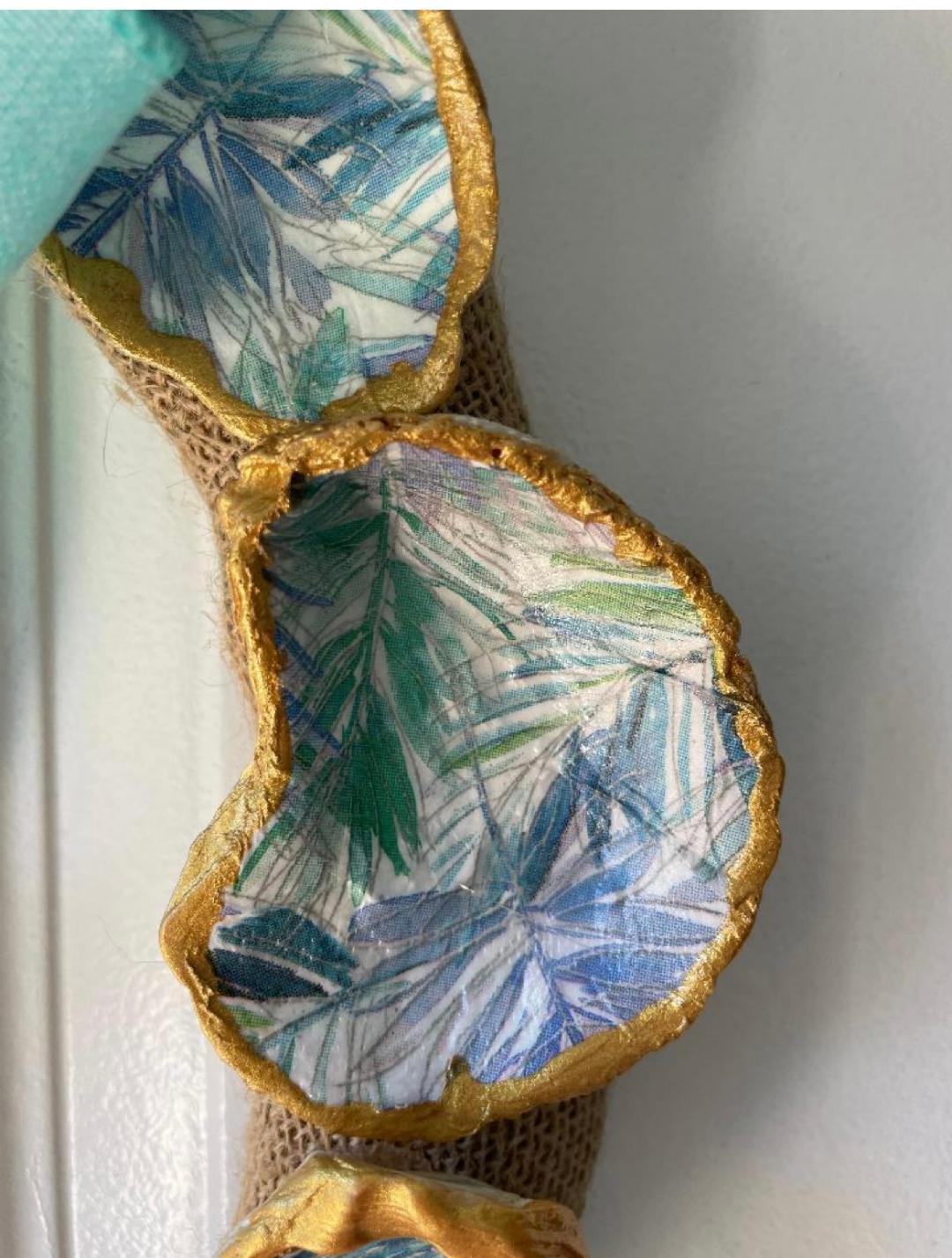 Blue & Green Palm Leaves Decoupage Shell Craft Wreath