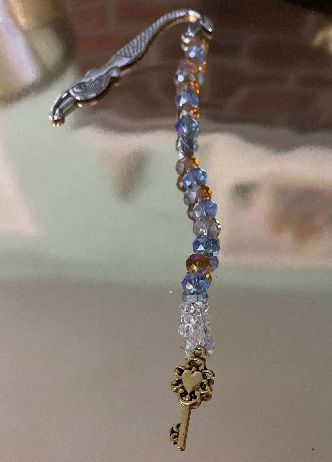 Silver Mermaid Bookmark gold and blue beads
