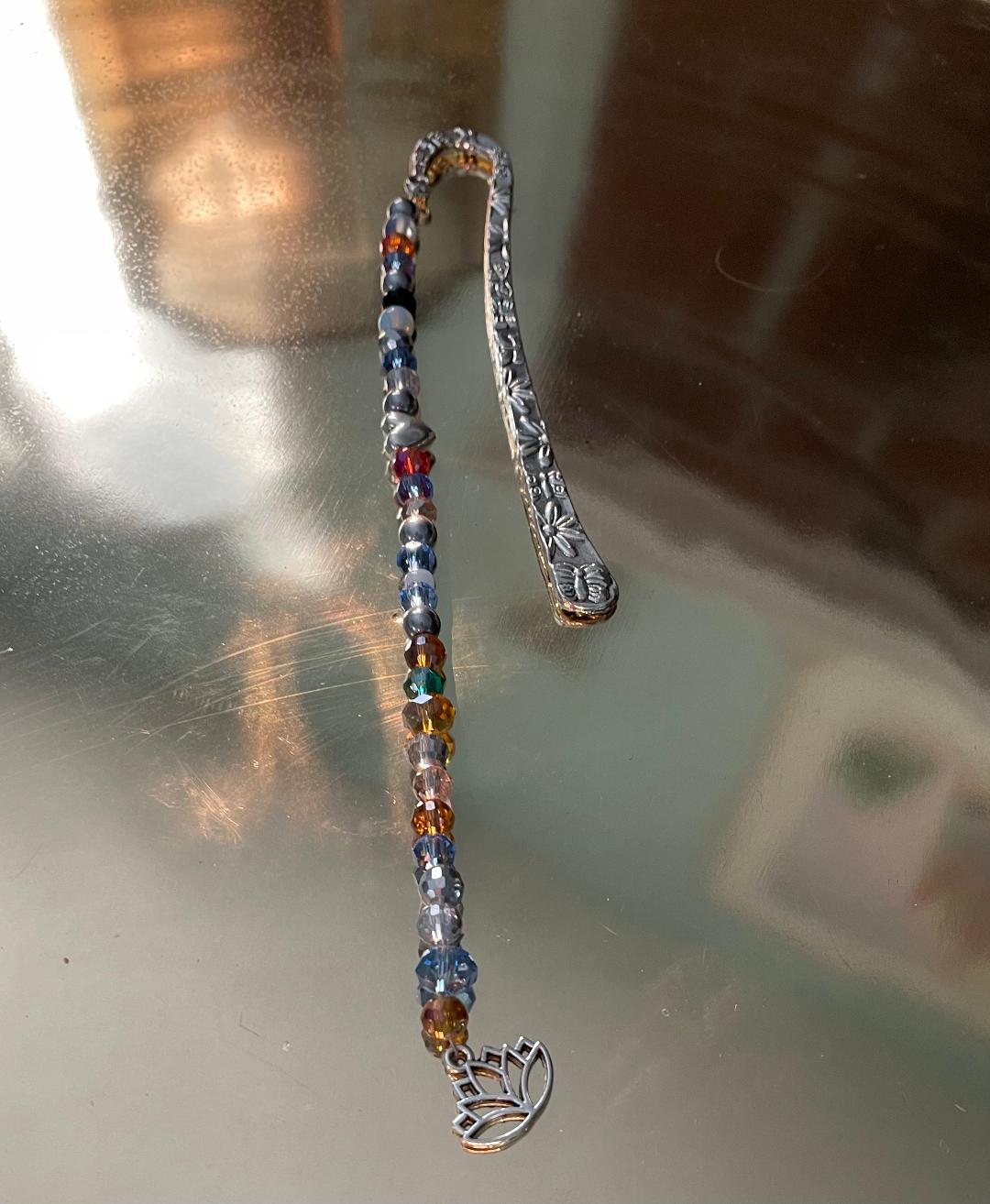 Silver Bookmark with Multicolor Beads Lotus Flower