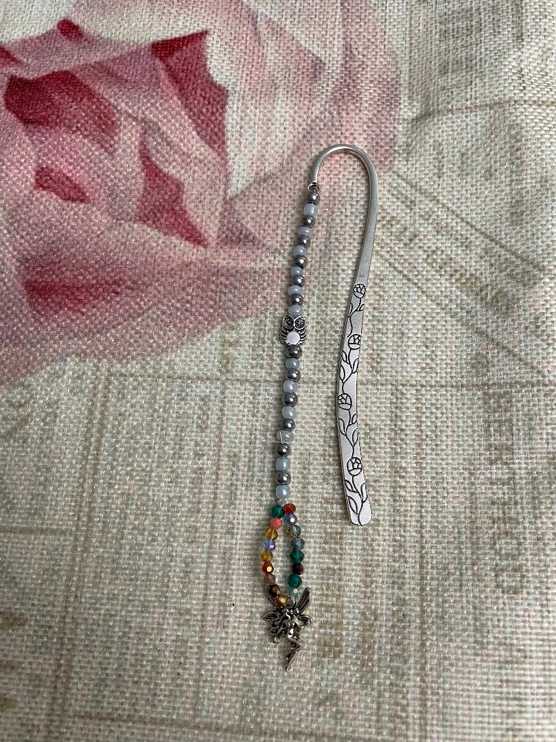 Silver Bookmark with silver and gray beads